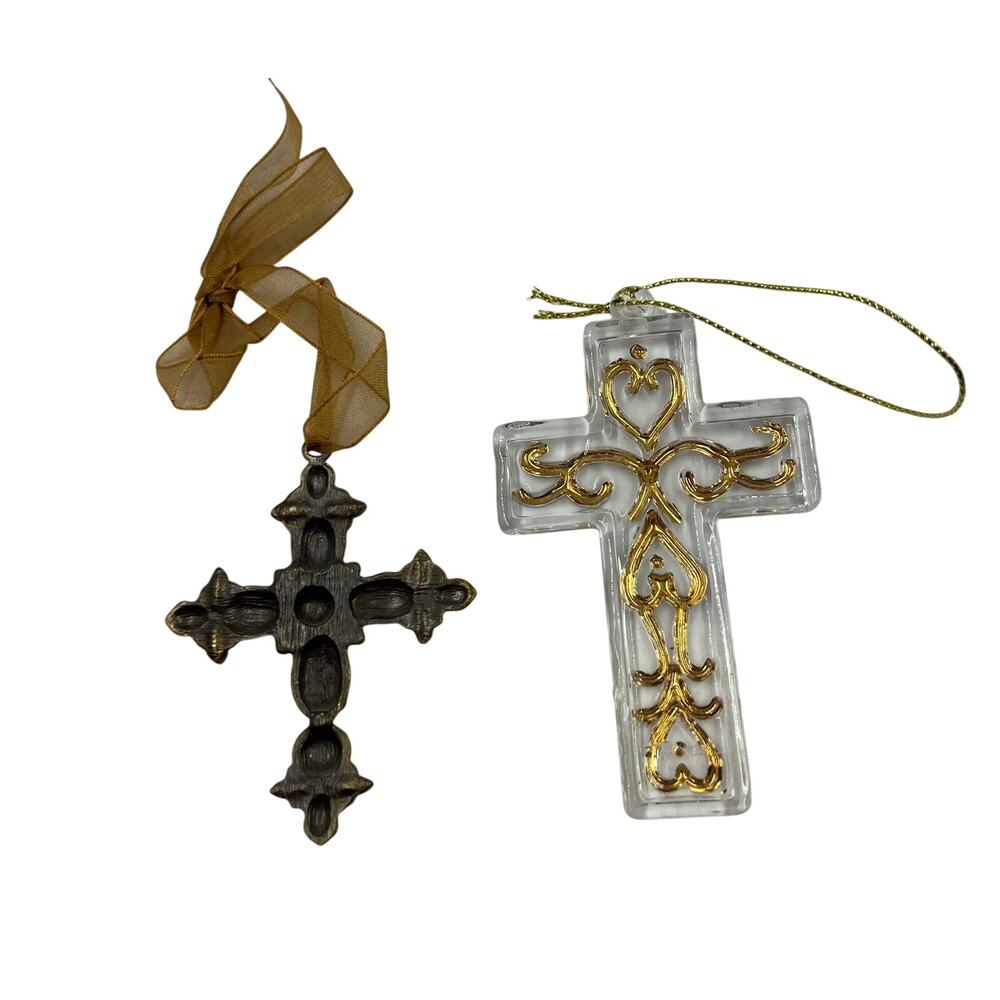 Vintage Set Decorative Crosses Glass W Gold Tone & Metal W‎ Crystals Hanging
